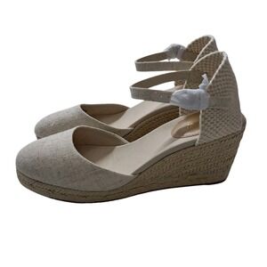 New J. Crew Factory Sandals Women's 8 Beige Gold‎ Ankle Strap Espadrille Wedge